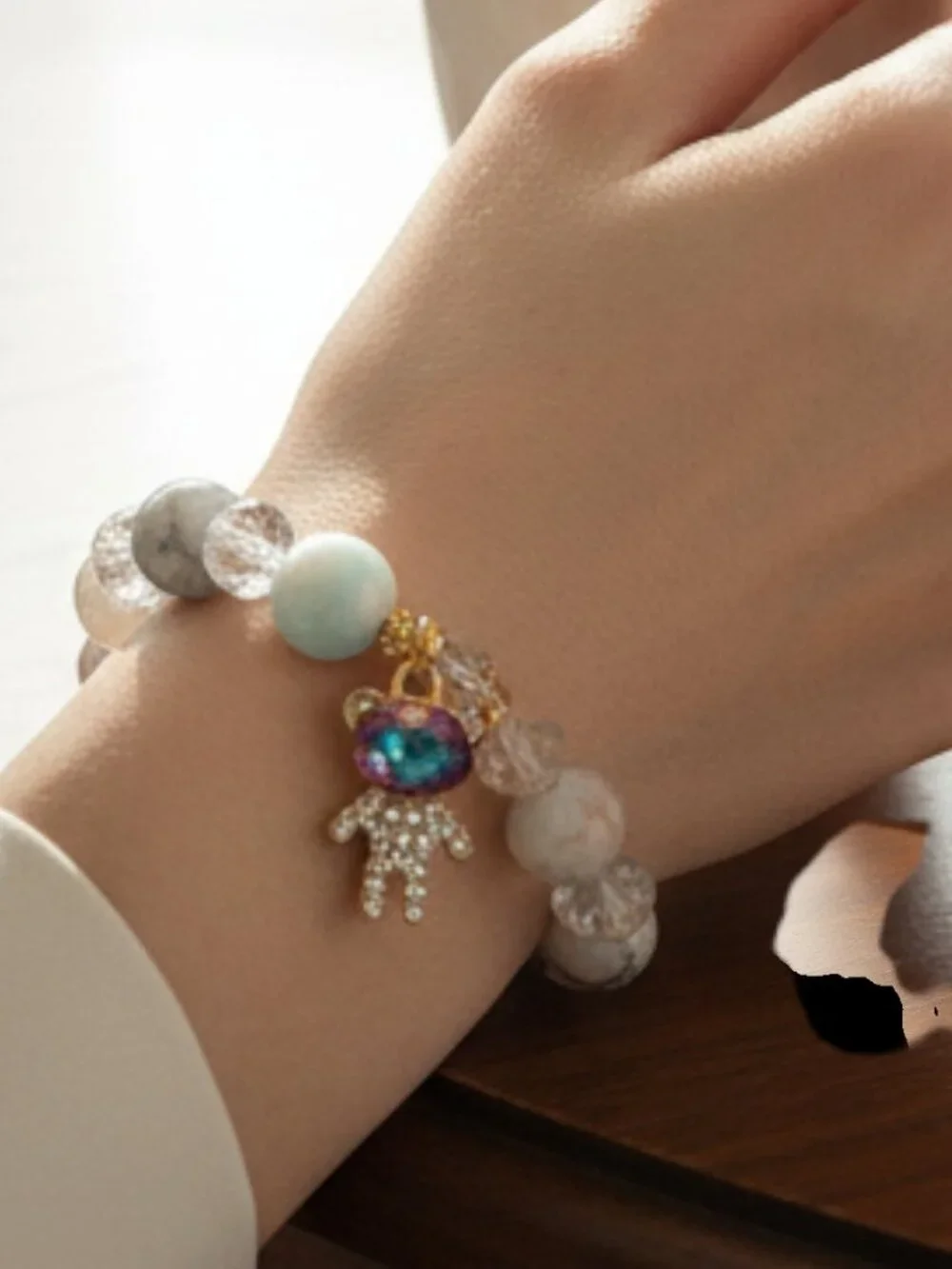 Galaxy Astronaut Bear Ice-Crackle Glass Beaded Stretch Bracelet
